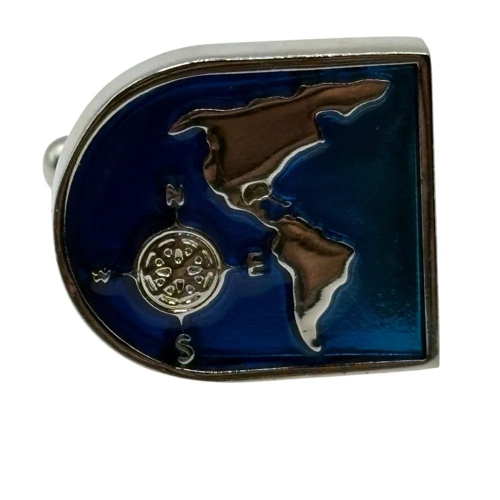 World Map Cufflinks Blue Enamel Silver‎ Tone Bullet Back Globe Navigation Travel